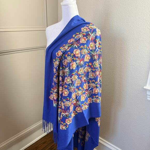 Embroidered Floral Royal Blue Shawl Wrap with Fringe Vibrant Boho Festival - Picture 7 of 9